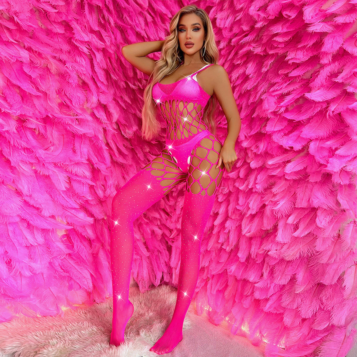 Sexy Hollow Hook Mesh Hot Rhinestone One-piece Sexy Lingerie