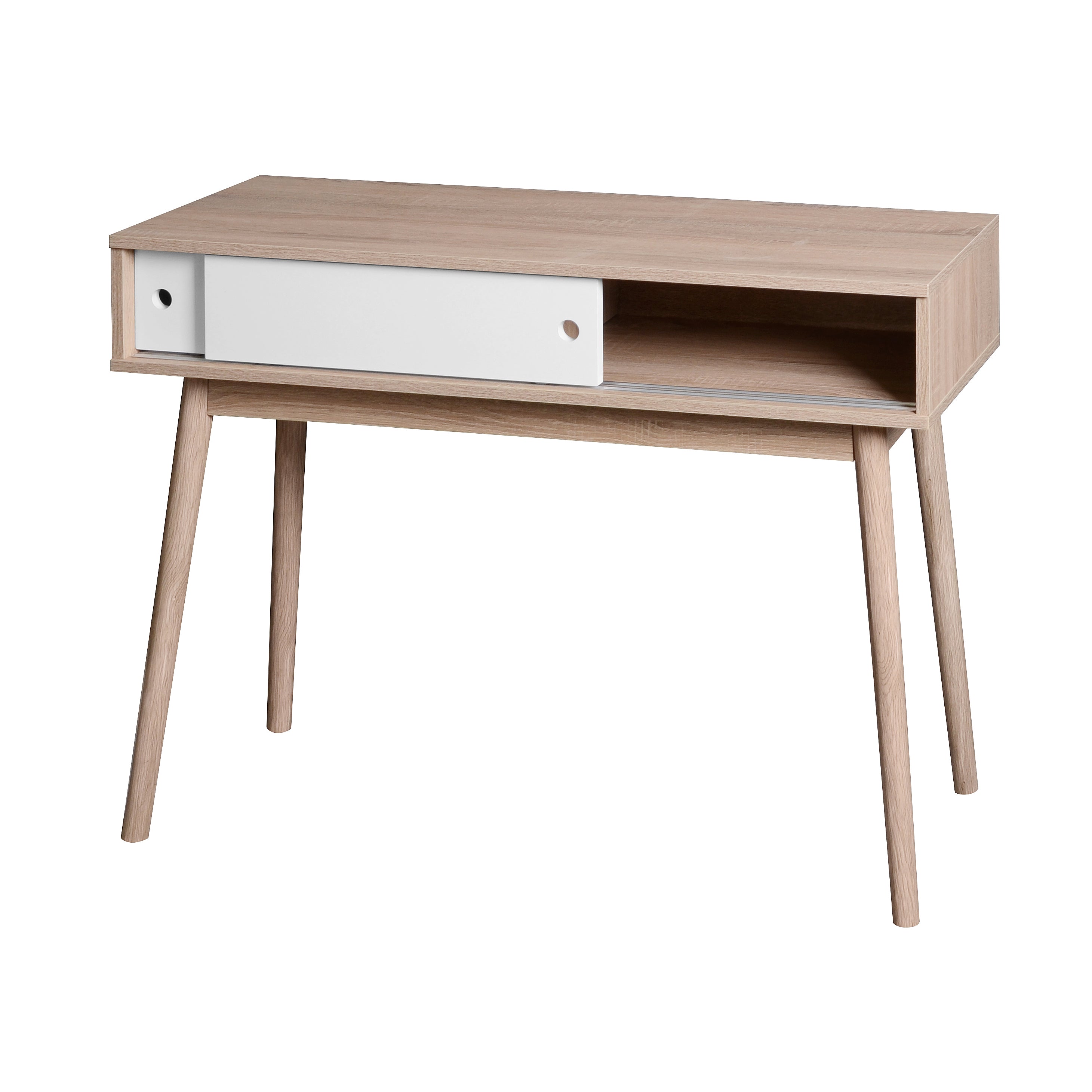 Kitchen Mid-Century Table Writing Desk with 2 Push-pull White Panel Drawers and Wood Legs, Natural Color