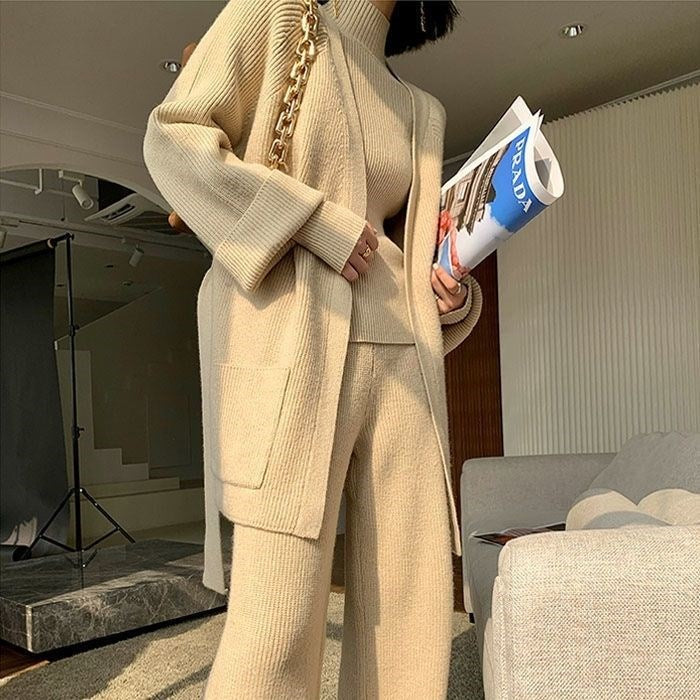 Autumn And Winter Suit Female Celebrity Temperament Turtleneck Sweater Wide Leg Pants Sweater Jacket Slimming Three-Piece Set