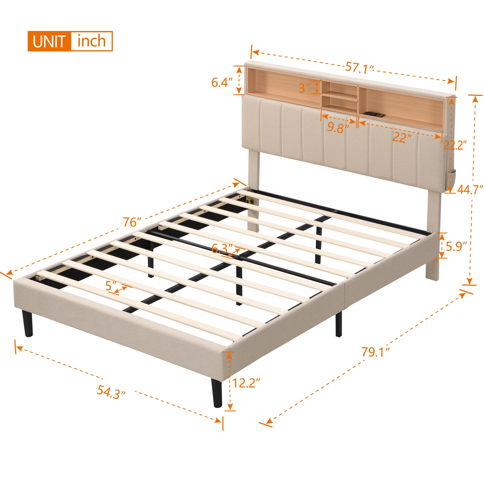 Full size Upholstered Platform Bed with Storage Headboard and USB Port Linen Fabric Upholstered Bed (Beige)