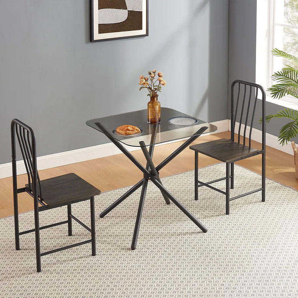 Dining Set For 2, Square Glass Tempered Dining Table With 4 Legs And 2 Metal Chair