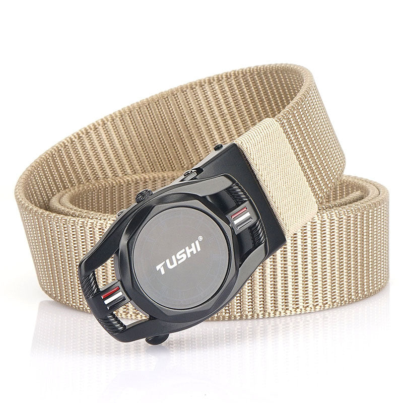 Ceinture automatique en cuir pour homme avec boucle en alliage sans dents et nylon tressé