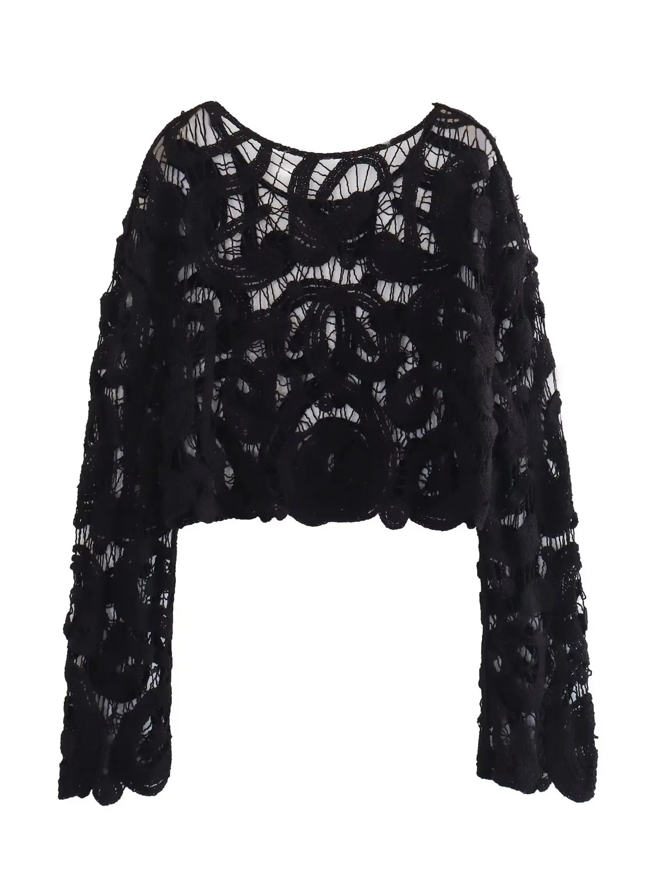 Crochet Knitted Hollow Out Blouses Long Sleeve Crop Tops