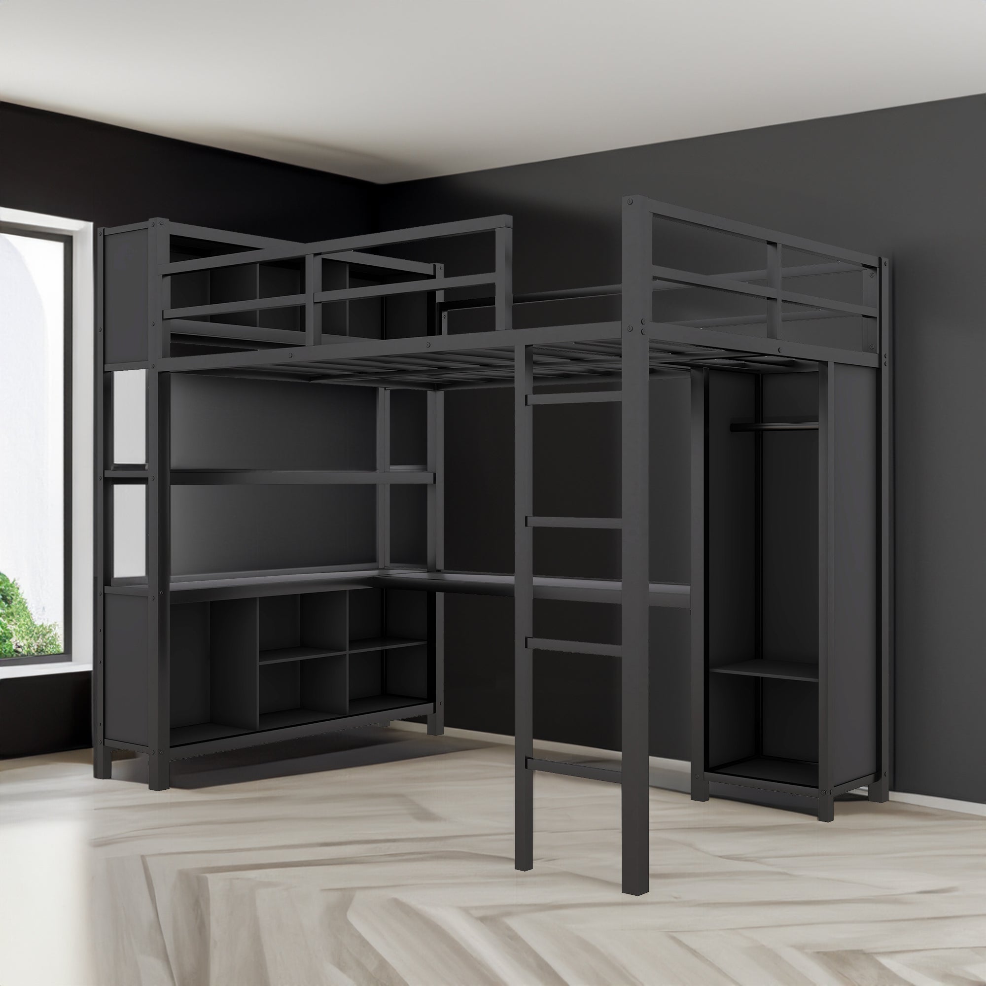 Metal loft bed with wardrobe and L-shaped desk, full-size loft bed with storage cabinet and shelf, heavy-duty loft bed, black