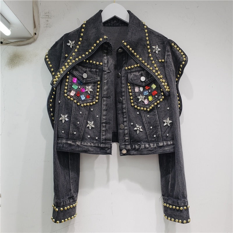 Spring Women Rivet Beaded Diamonds Slim Short Jeans Jacket Lapel Long Sleeve Single-breasted Blue Black Denim Jackets Streetwear