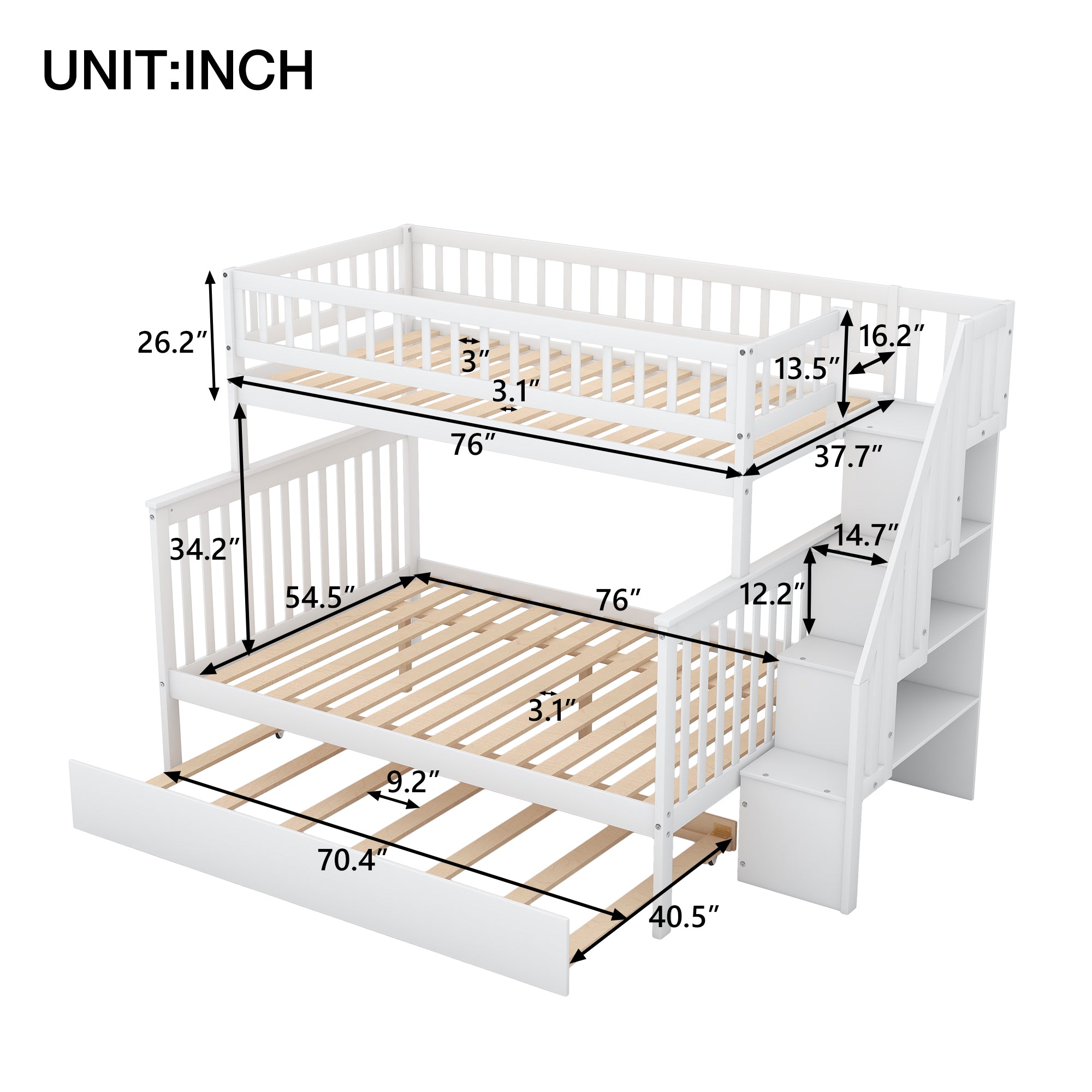 Twin over Full Bunk Bed with Trundle and Staircase White