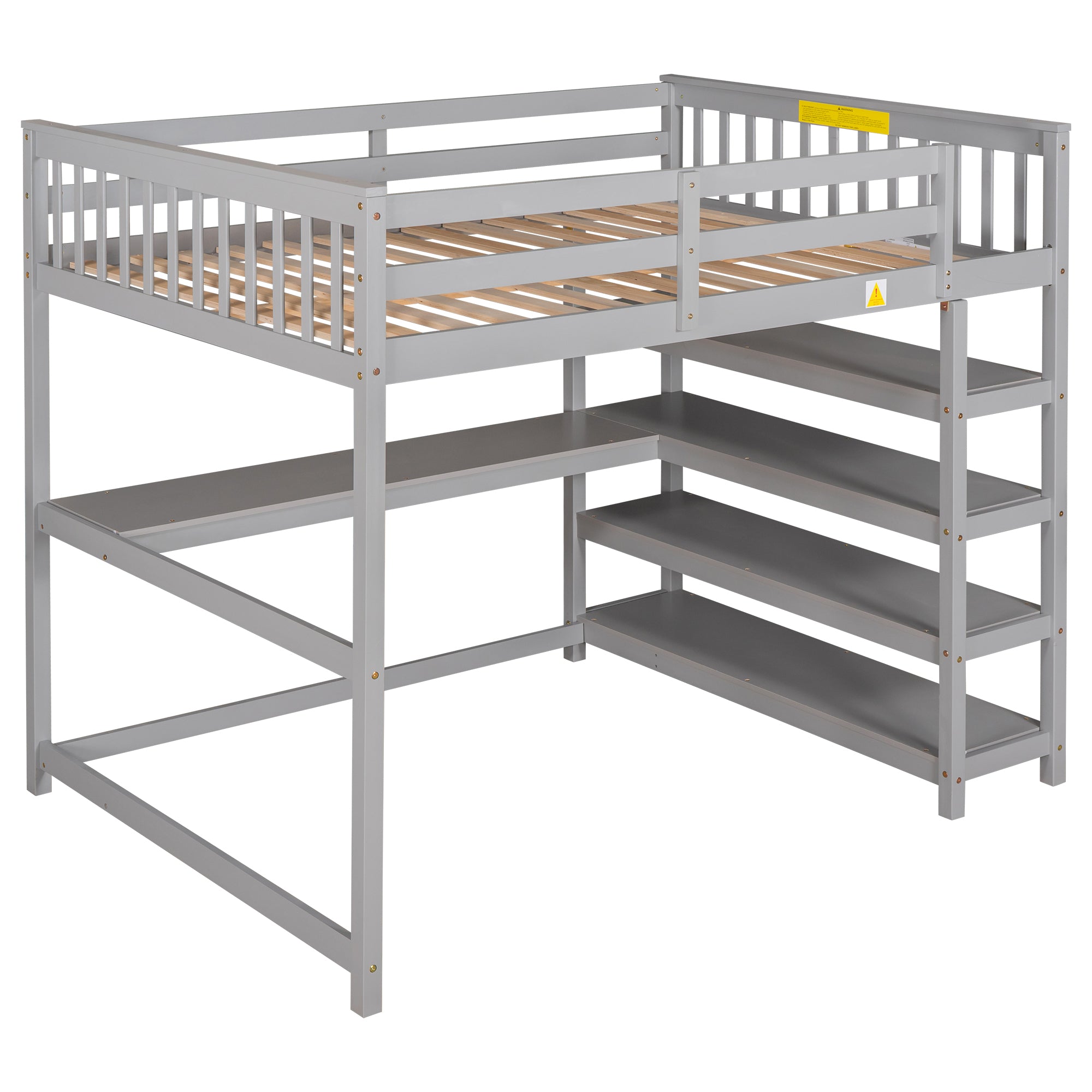 Full Size Loft Bed with Storage Shelves and Under-bed Desk, Gray