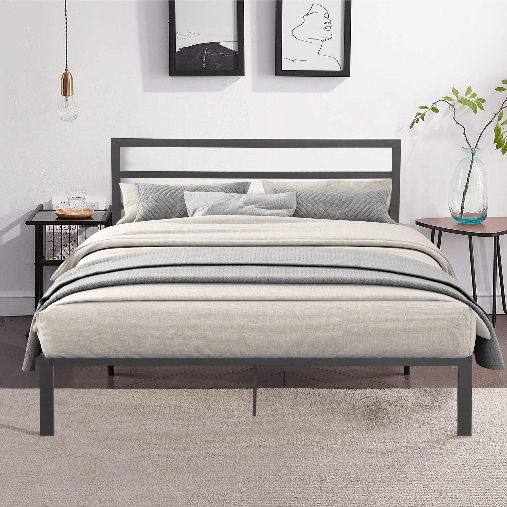 Cadre de lit Queen Size en métal avec tête de lit gris anthracite