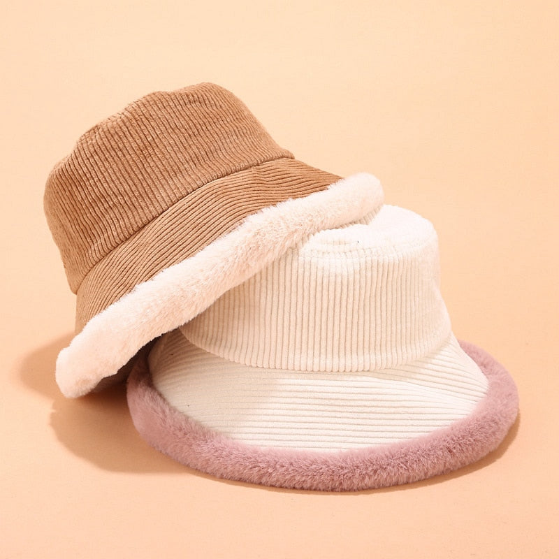 Autumn Winter Bucket Hats Women Corduroy Panama Hat Thick  Warm Plush Fisherman Cap For Girl crimping Basin Hat kapelusz