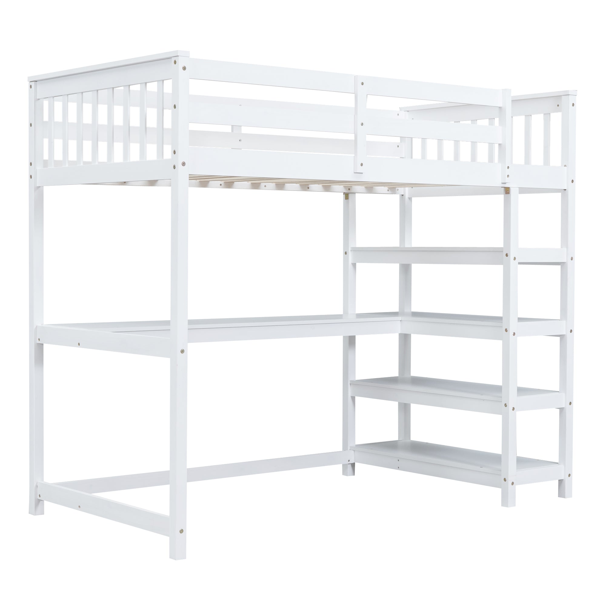 Twin Size Loft Bed with Storage Shelves and Under-bed Desk  White