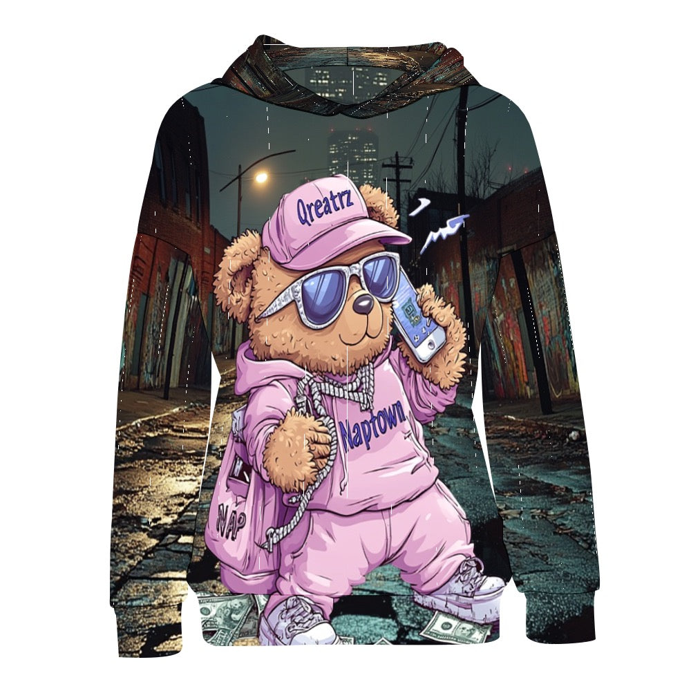 Qreatrz Plum Naptown Indiana in the Streets Teddy Bear Dropped Sleeve Hoodie