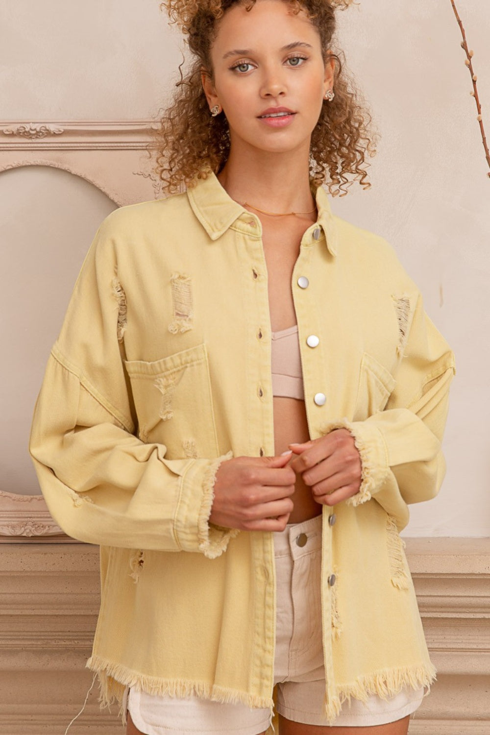 Veste-chemise boutonnée à ourlet brut et effet vieilli POL