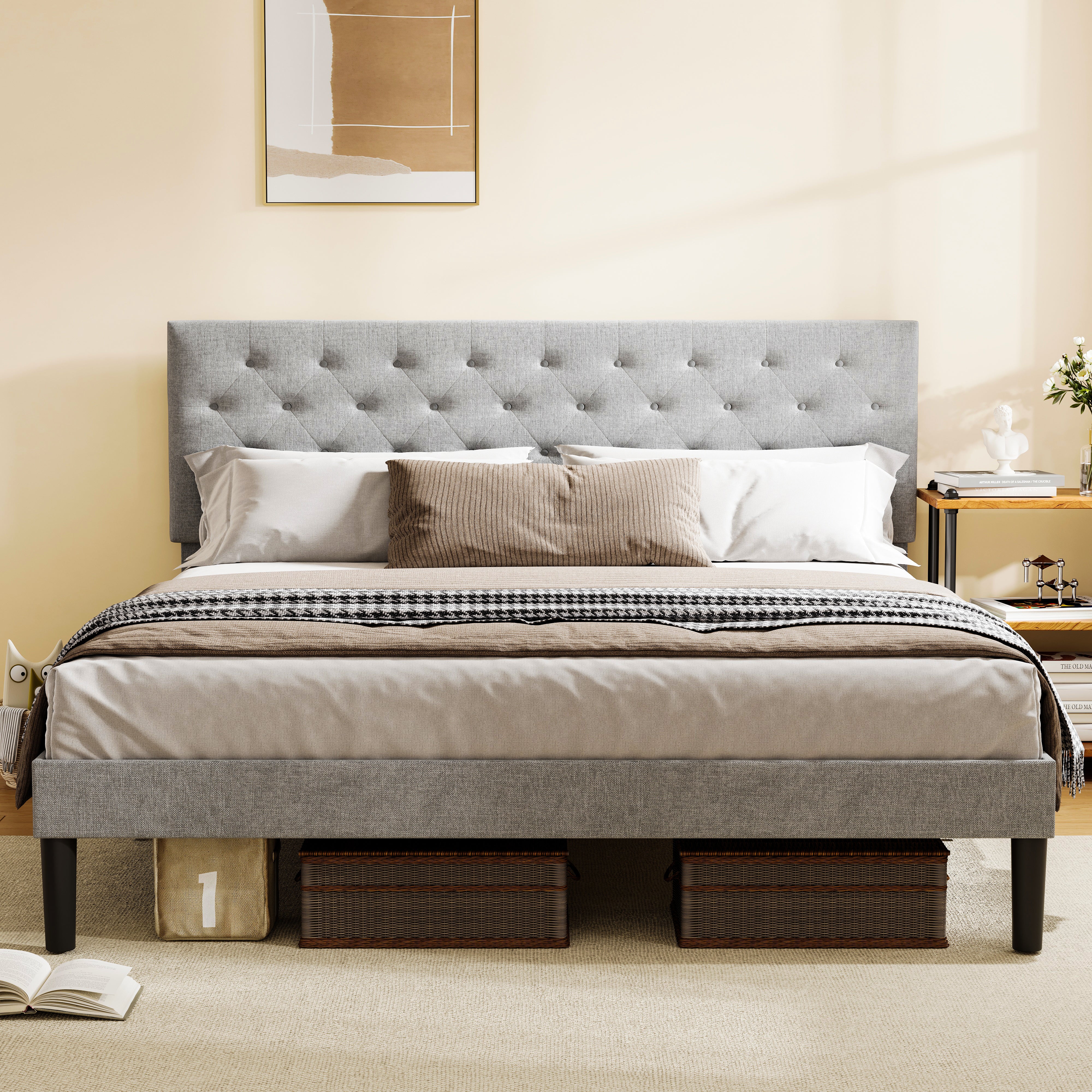 Simple Queen Size Grey Bed frame Adjustable Headboard