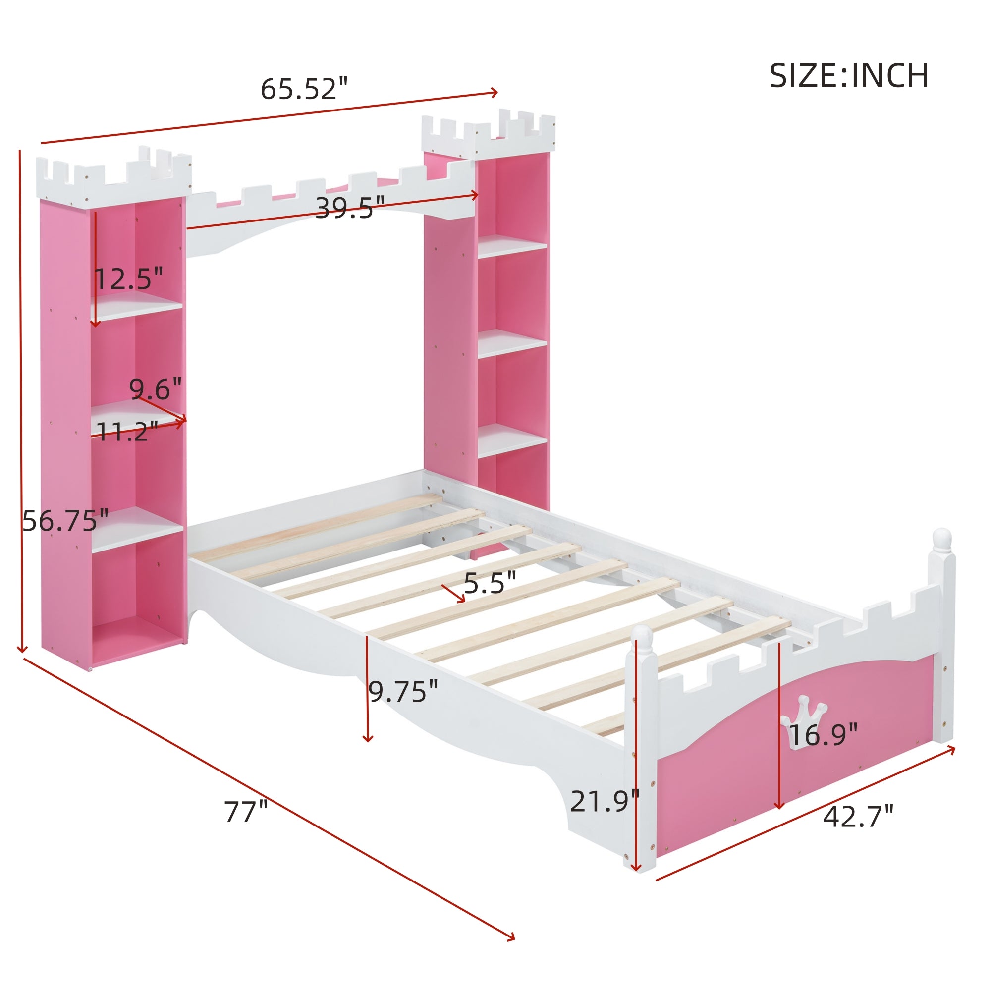 Cama de madera en forma de castillo con estante de almacenamiento, cama de plataforma de tamaño doble de ensueño para dormitorio infantil, rosa y blanco