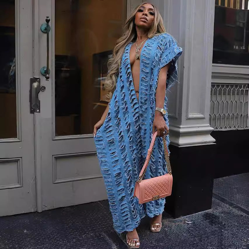 Denim African Women Open Front Hollow Denim Jumpsuit Plus Size Fashion Blogger Loose Romper Preorder For Holiday