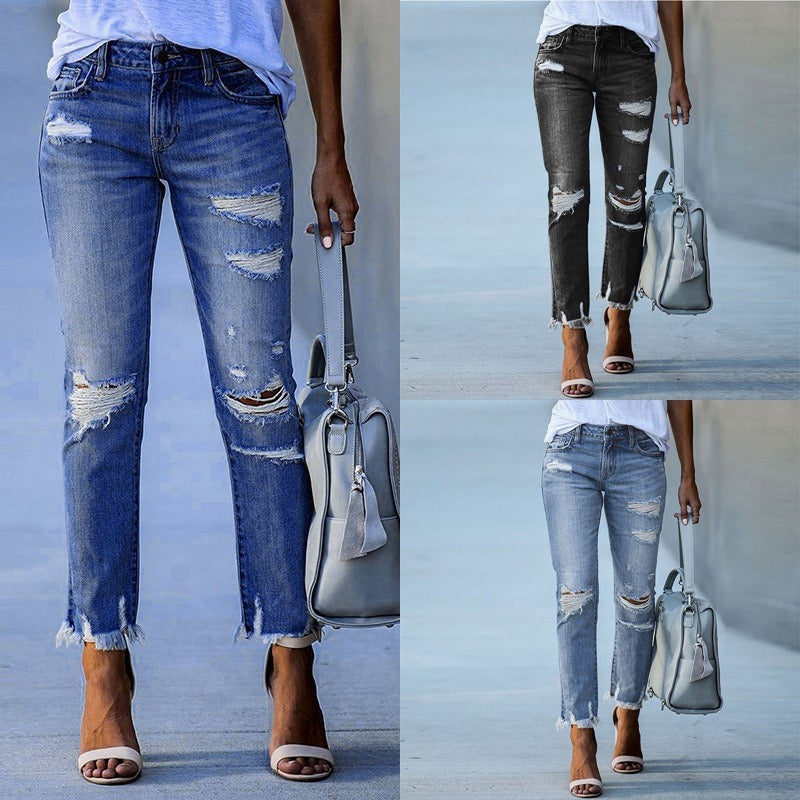 New Pencil Pants Ripped Slim Fit High Waist Vintage Streetwear Casual Fashion Stretch Blue Jeans Woman