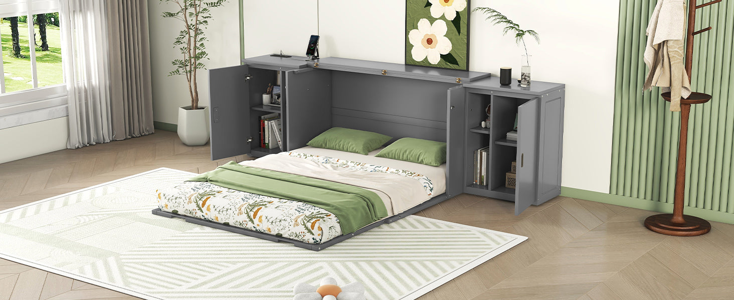 Queen Size Murphy Bed with Shelves, Cabinets and USB Ports,Gray