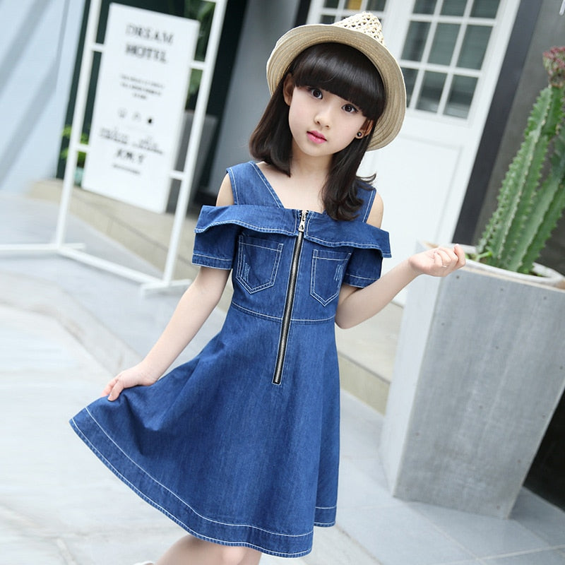 Girls Denim Dresses for Children Jean Clothes Casual Dress Blue Short Sleeve Jeans