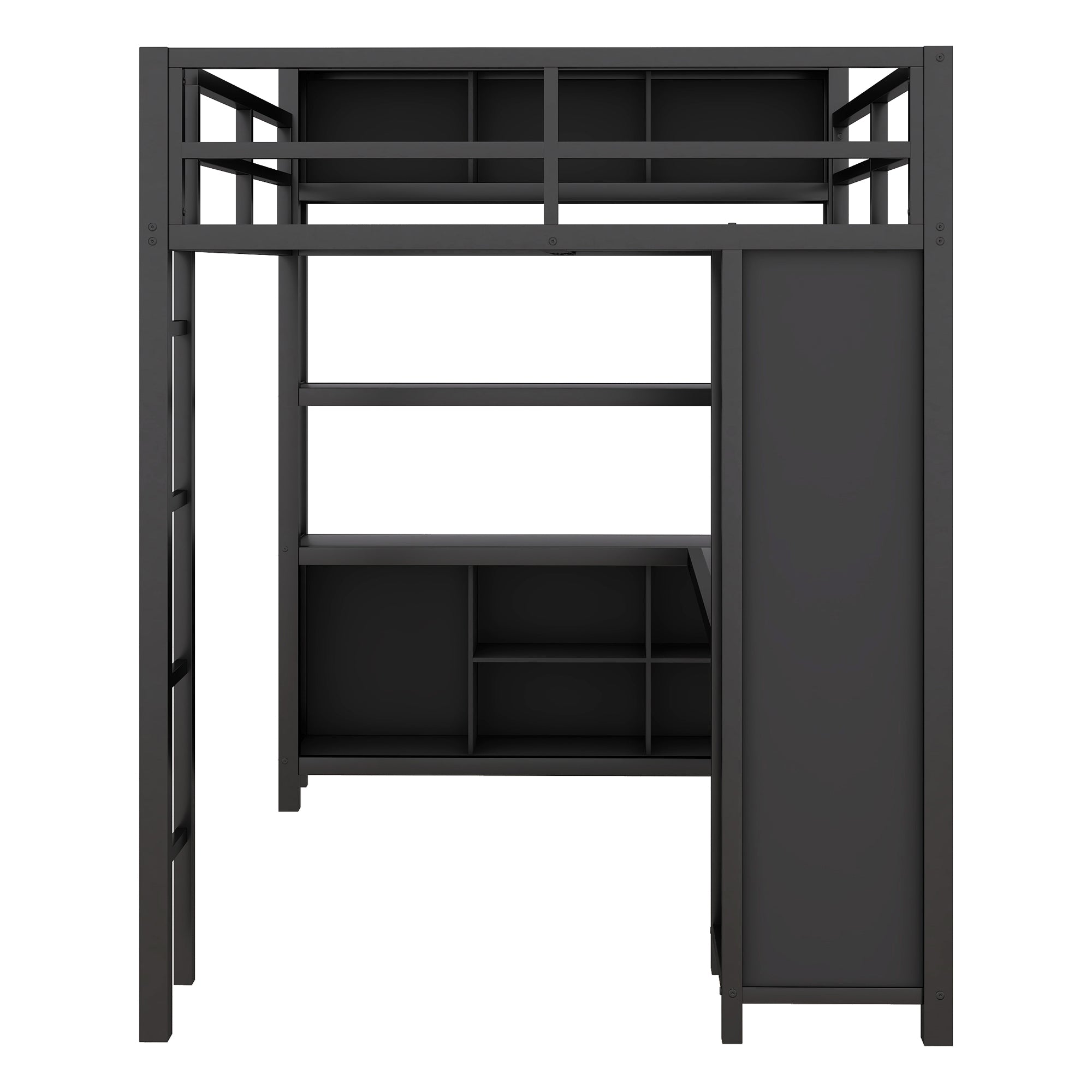 Cama alta de metal con armario y escritorio en forma de L, cama alta de tamaño completo con armario de almacenamiento y estante, cama alta resistente, color negro