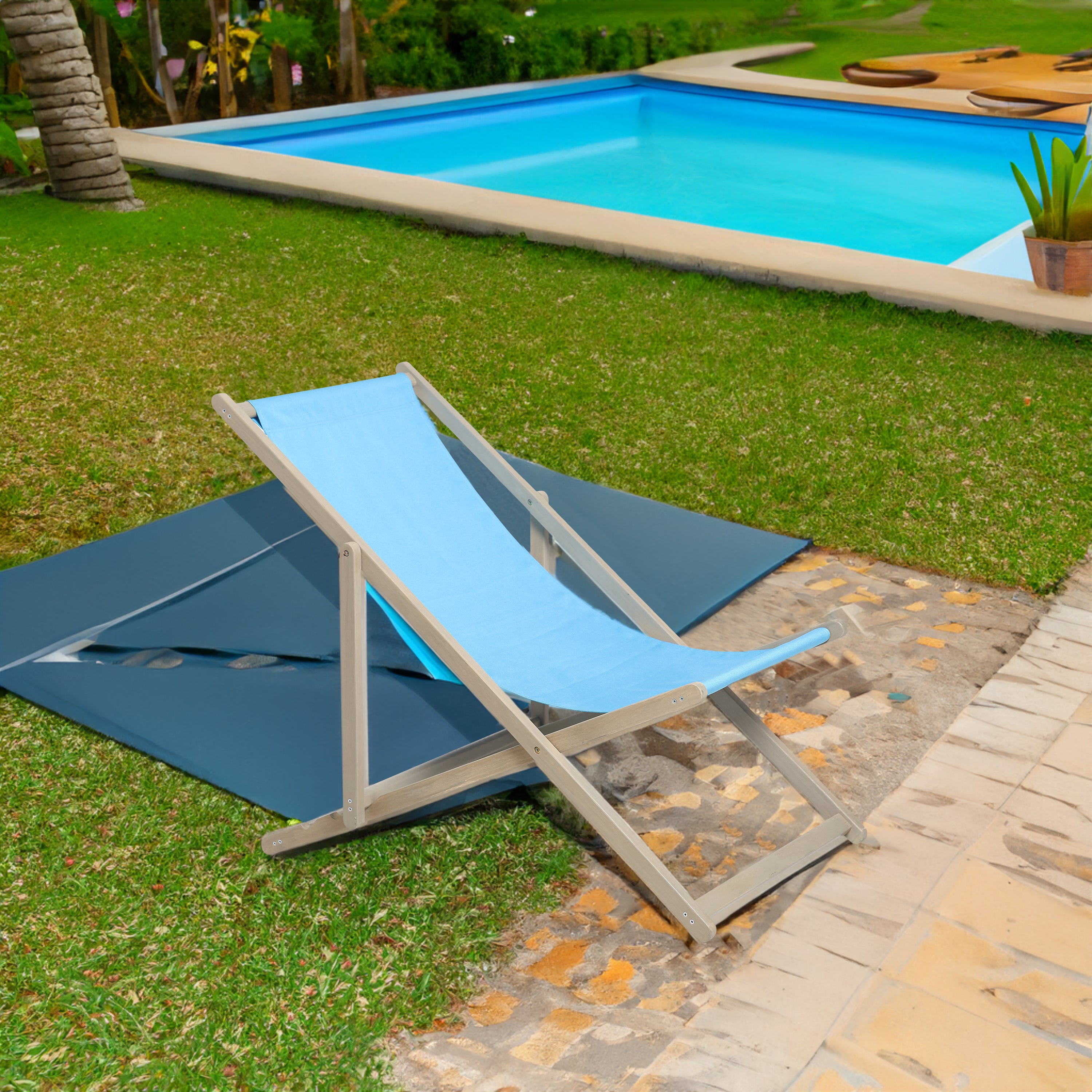 Lot de 2 chaises de patio en élingue de plage, chaises d'extérieur pliantes en bois pour l'extérieur, hauteur réglable sur 3 niveaux, chaises de plage inclinables portables