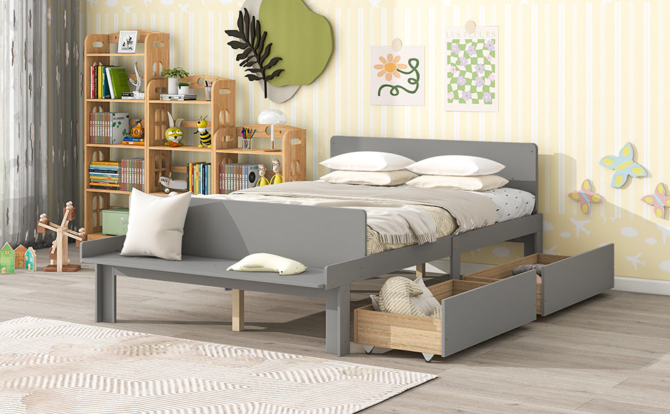 Full Bed with Footboard Bench 2 drawers Grey