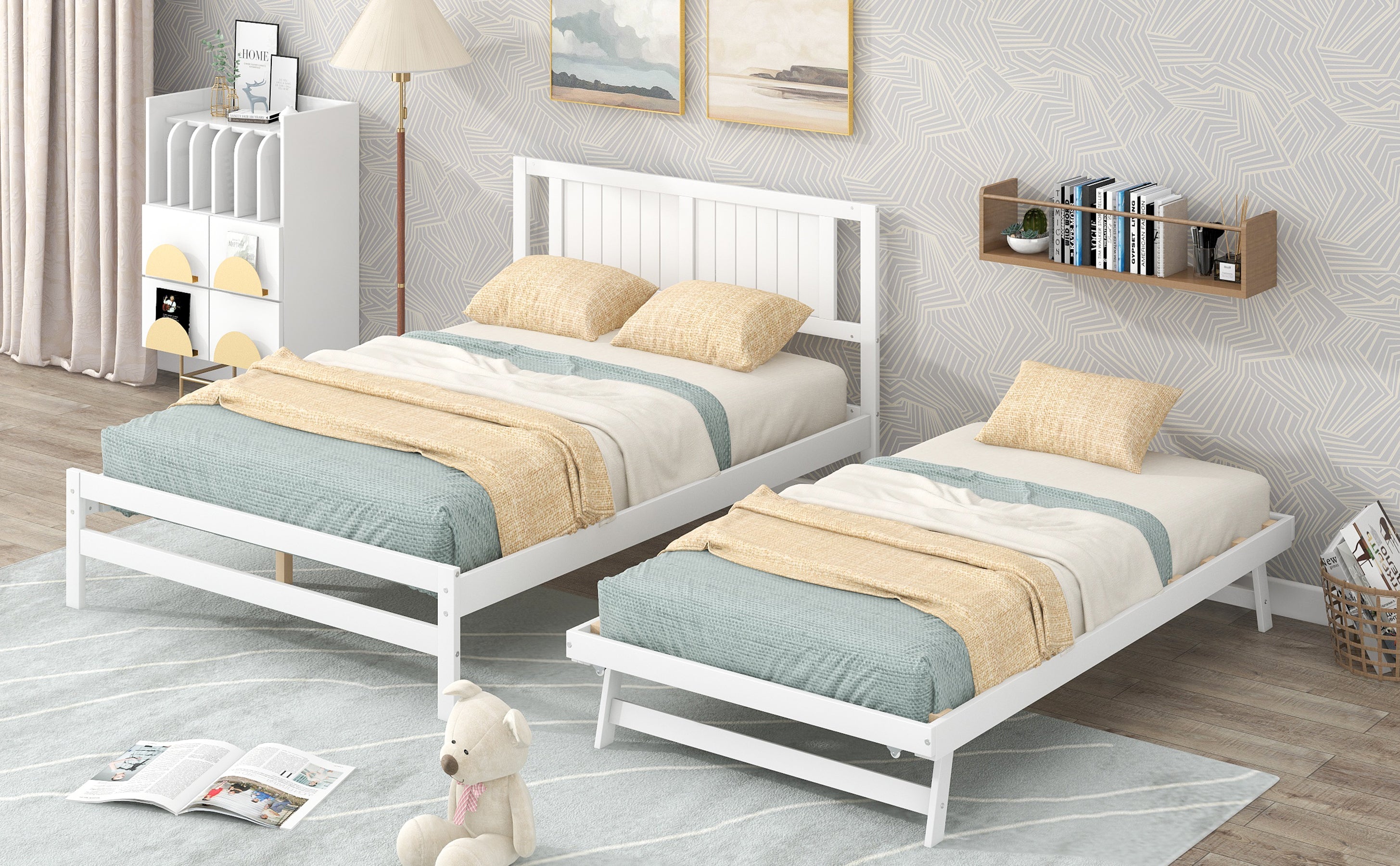 Full Size Platform Bed with Adjustable Trundle White