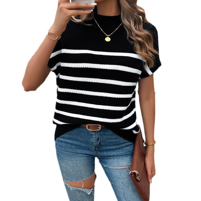 Spring and summer foreign trade women's clothing color contrast temperament pullover short sleeved sweater