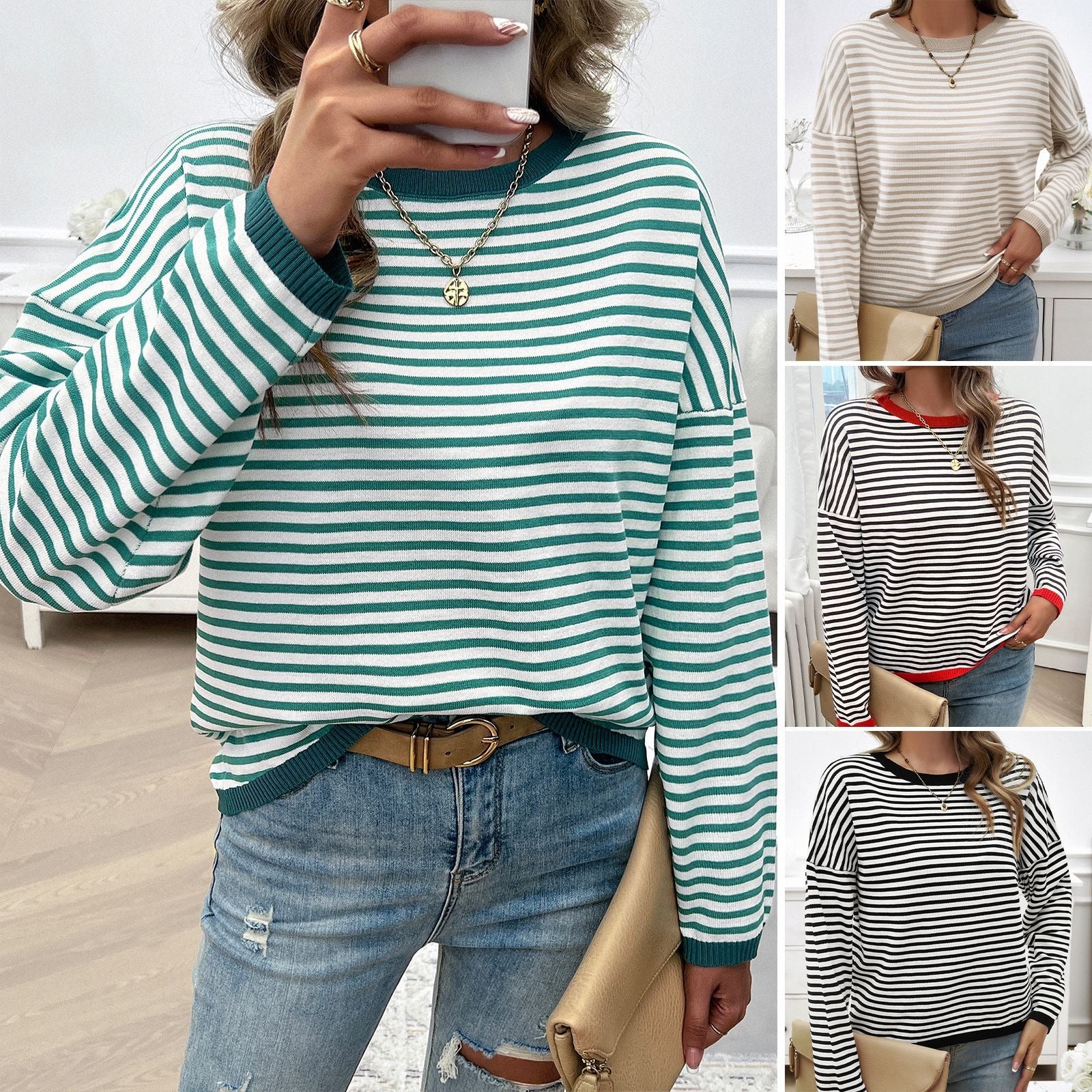 European and American autumn and winter tops, women's temperament, casual round neck striped sweater