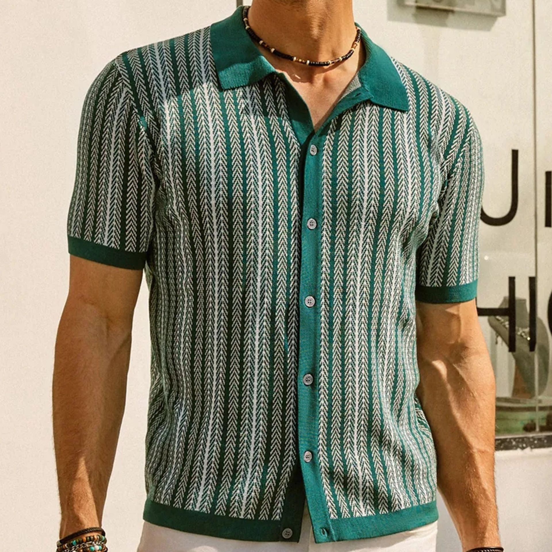 Pull tricoté à manches courtes, nouveau polo d'affaires rayé en jacquard