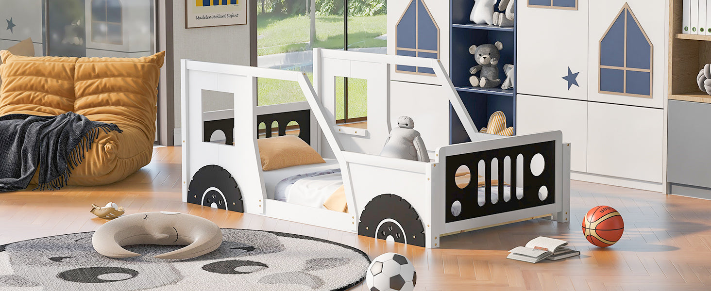 Twin Size Classic Car-Shaped Platform Bed with Wheels White