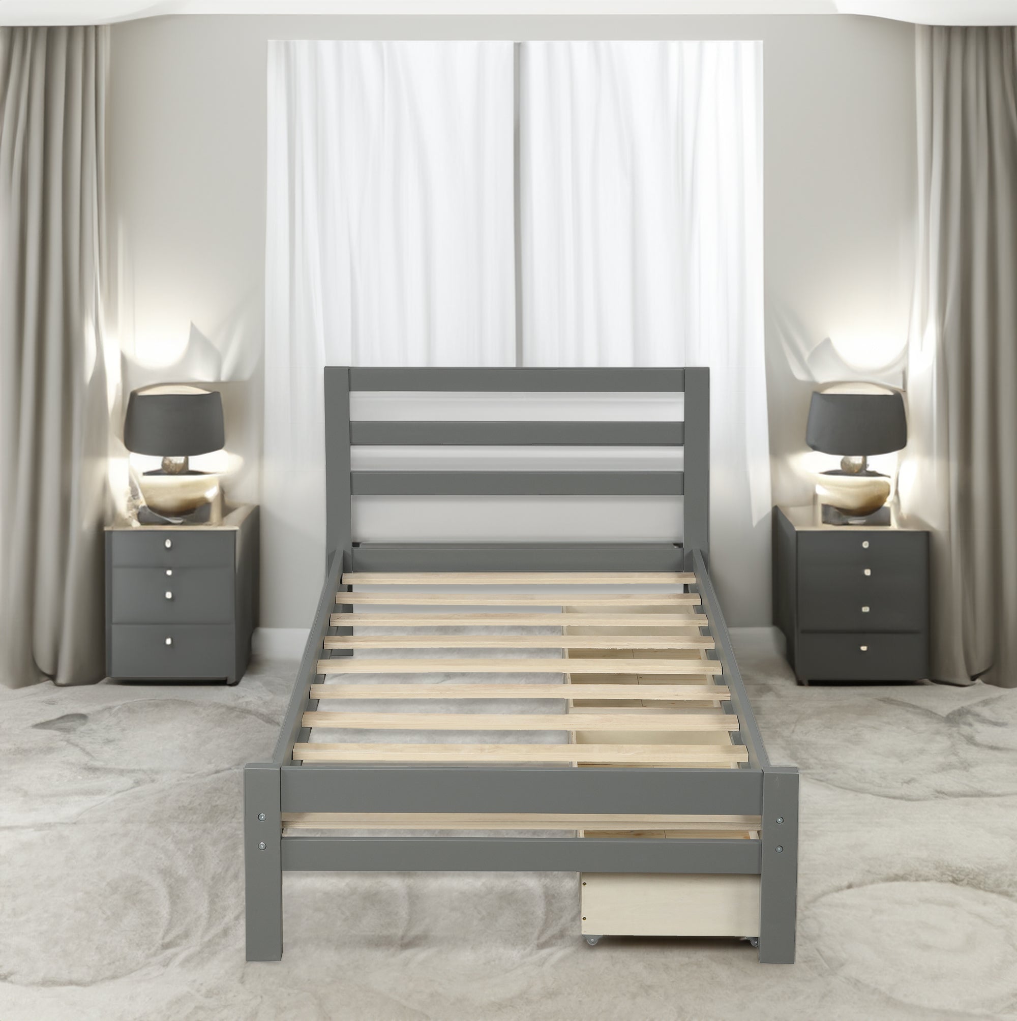 Wood platform bed with two drawers  twin (gray)