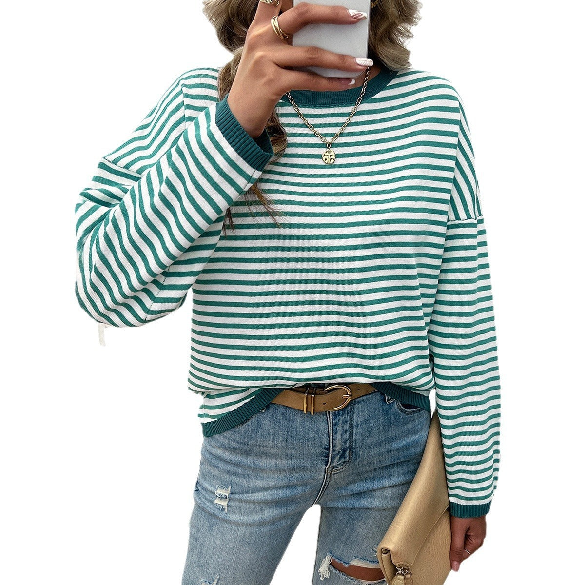 European and American autumn and winter tops, women's temperament, casual round neck striped sweater