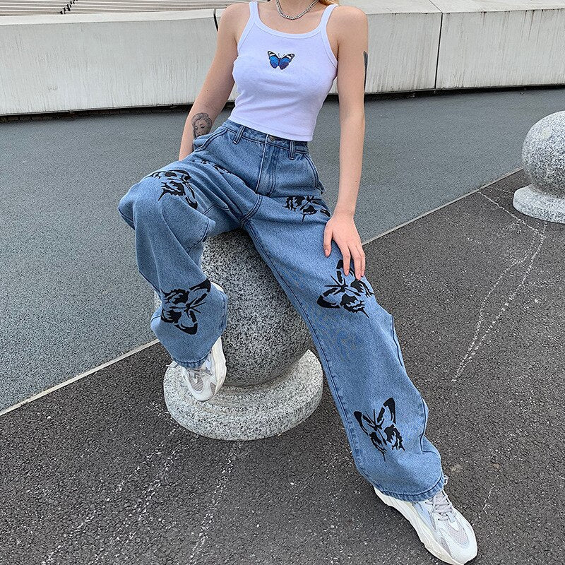 SHENGPALAE 2020 New Summer Vintage Jeans Woman Long Trousers Cowboy Female Loose Streetwear Butterfly Print Pants ZA4110