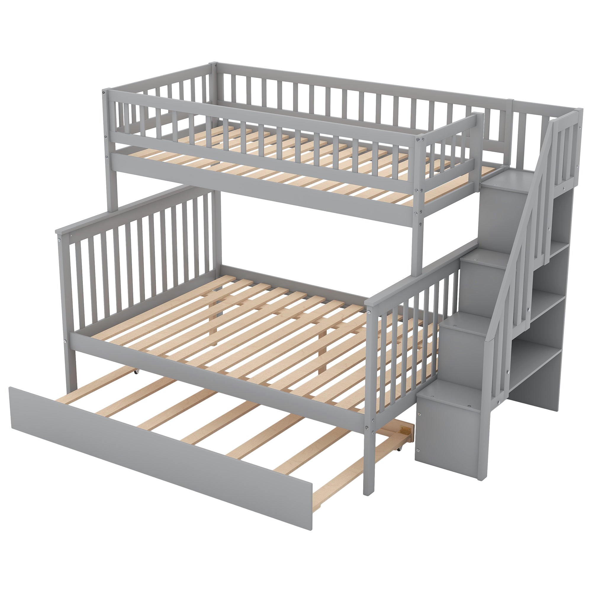 Twin over Full Bunk Bed with Trundle and Staircase Gray