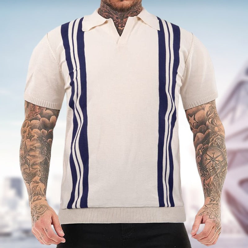 Striped short sleeved knit sweater slim fit lapel casual polo shirt