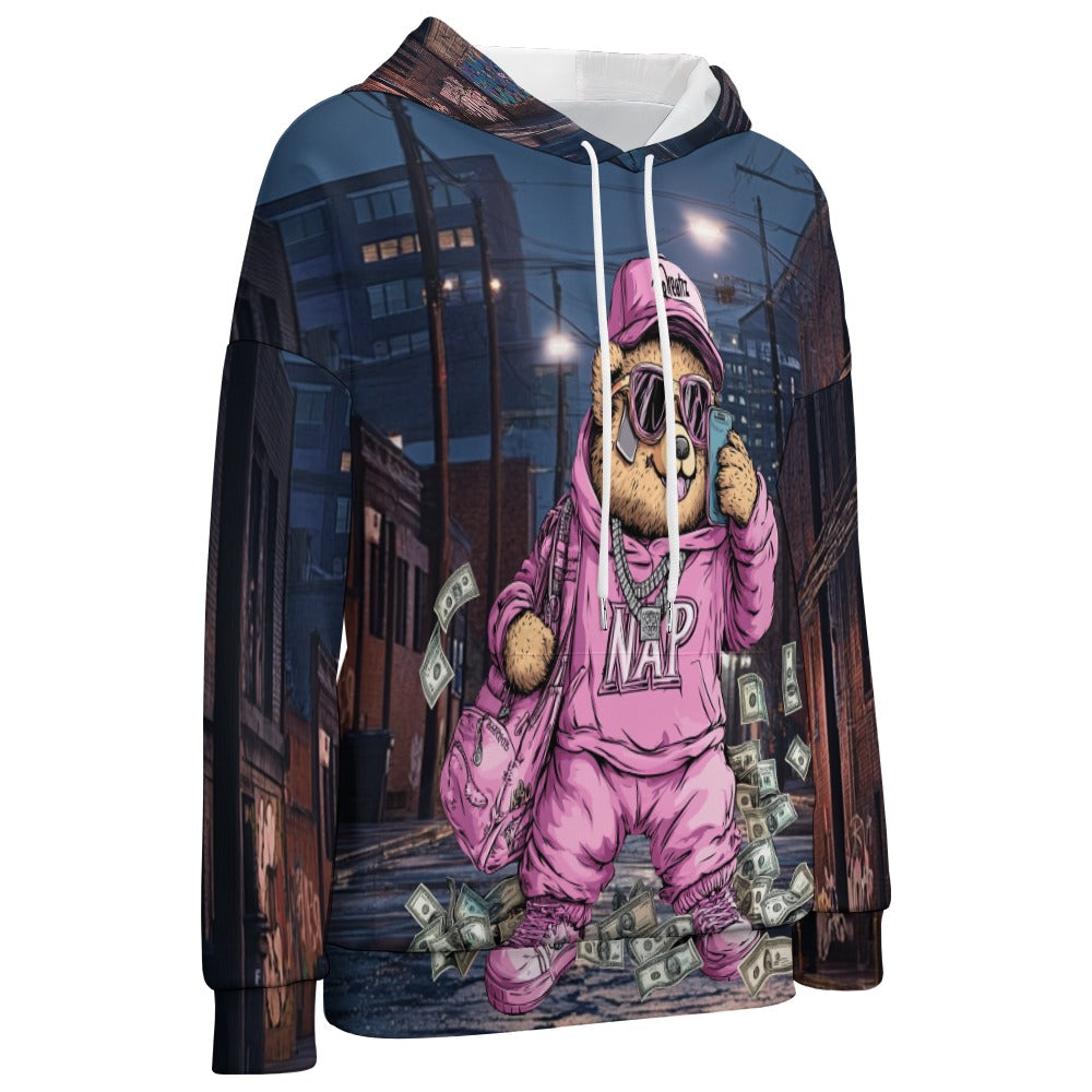 Sudadera con capucha de manga caída Qreatrz Pink Naptown Indiana Bear in the Street