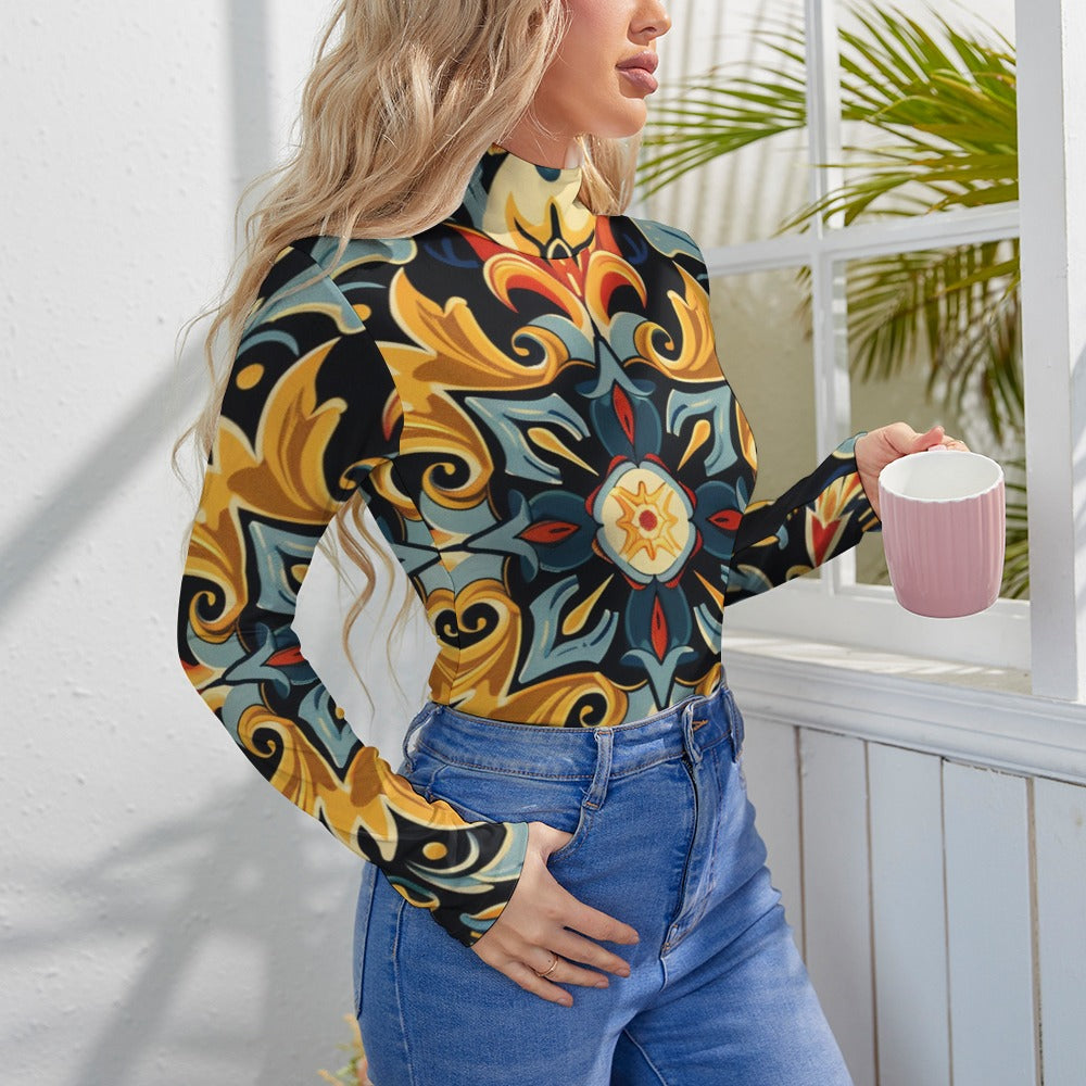 Women's Printed Turtleneck Long Sleeve Bodysuit