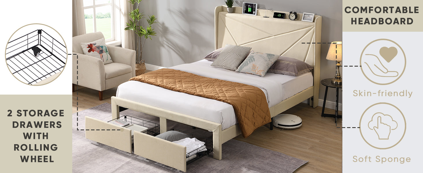 Full Size Bed Frame with 2 Storage Drawers Upholstered Bed Frame Beige