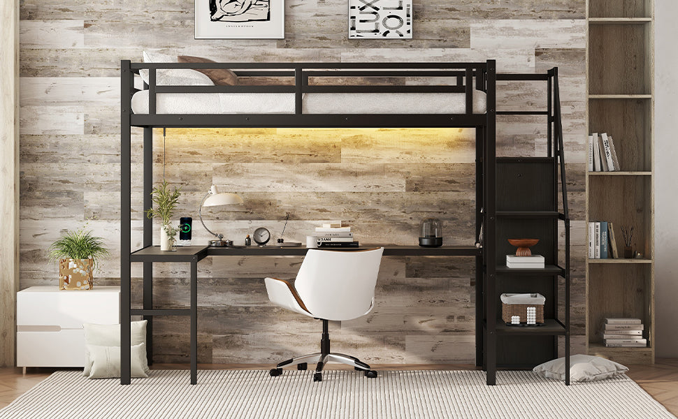 Twin XL loft bed with L-shaped desk and USB, metal loft bed with wardrobe and adjustable shelf, LED loft bed, black