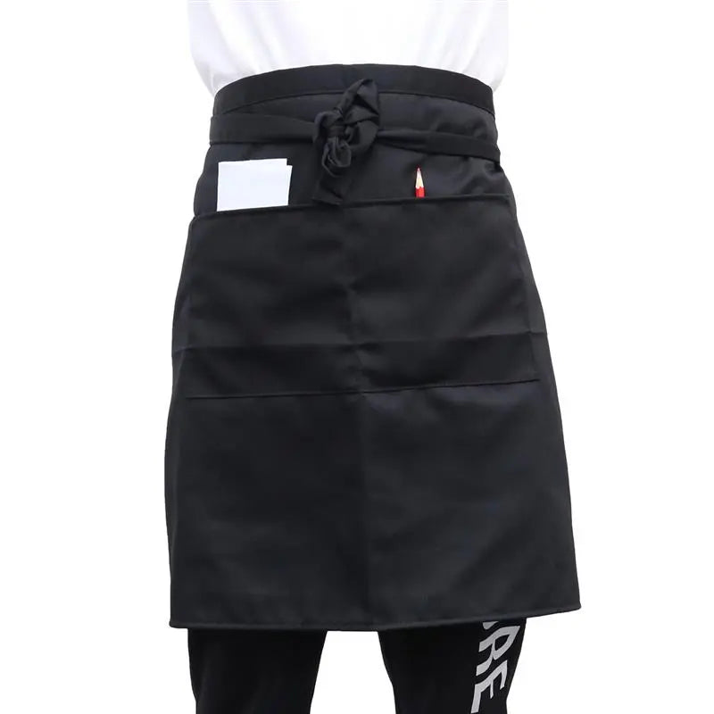 Black Unisex Kitchen Cooking Waist Apron Short With Double Pockets