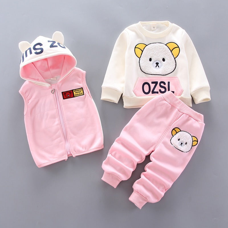 Autumn New Children's Clothing Autumn Clothing Plush Bear Three Piece Set Korean Children's Suit Trend