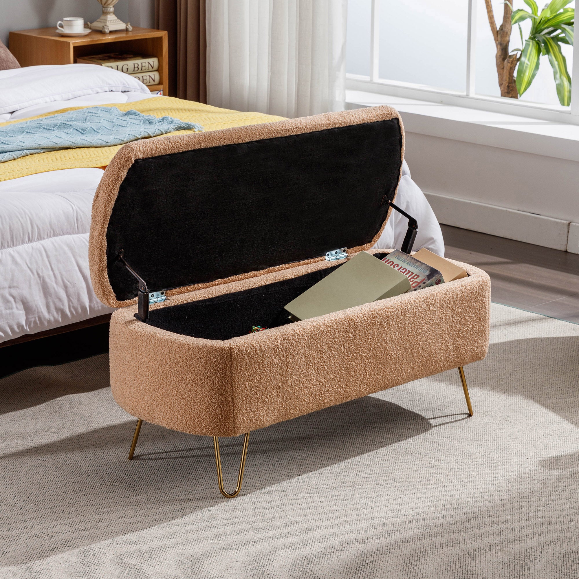 Camel Storage Ottoman Bench for End of Bed Gold Legs