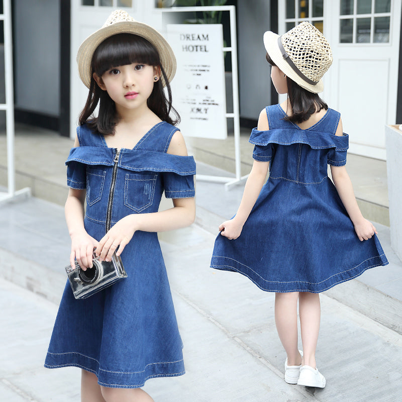 Girls Denim Dresses for Children Jean Clothes Casual Dress Blue Short Sleeve Jeans