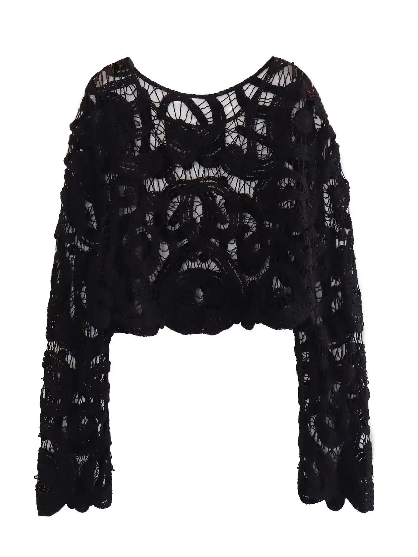 Crochet Knitted Hollow Out Blouses Long Sleeve Crop Tops