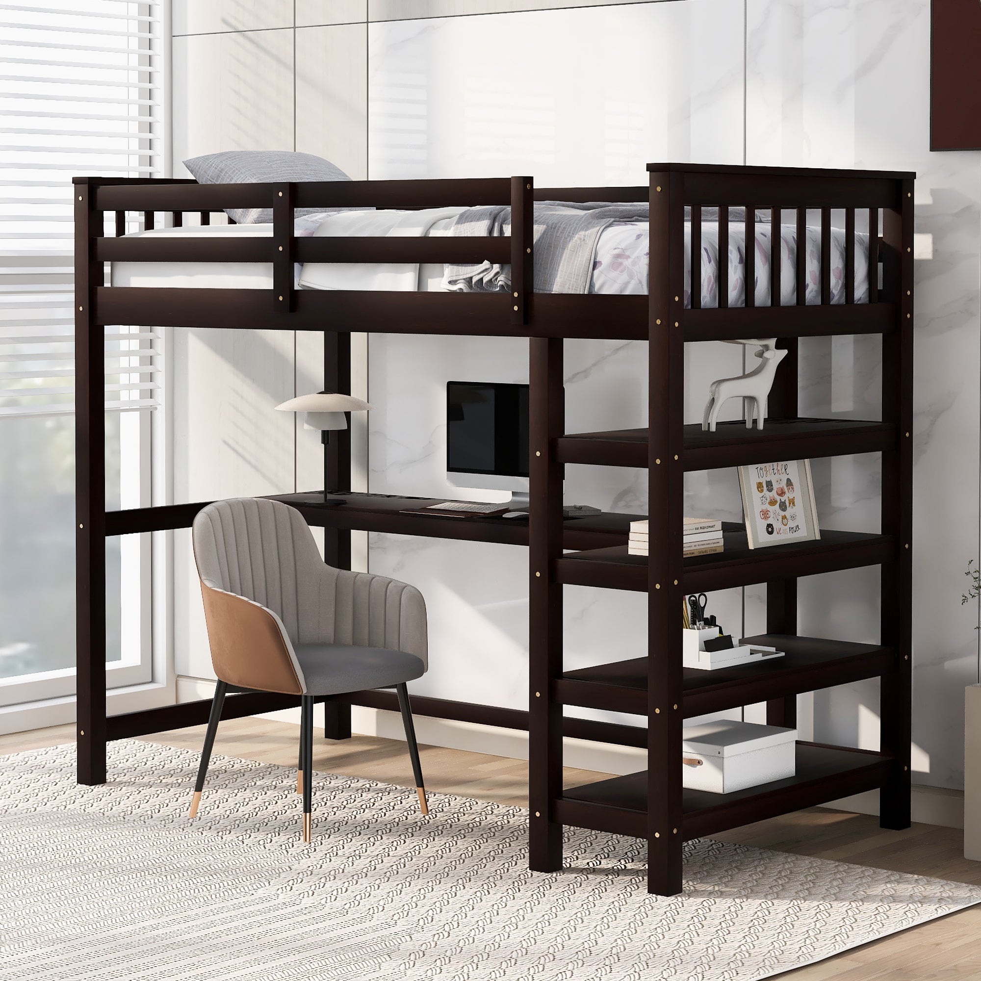 Cama loft tamaño twin con estantes de almacenamiento y escritorio debajo de la cama color espresso