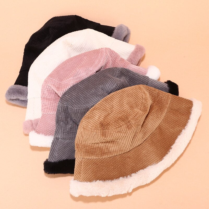 Autumn Winter Bucket Hats Women Corduroy Panama Hat Thick  Warm Plush Fisherman Cap For Girl crimping Basin Hat kapelusz