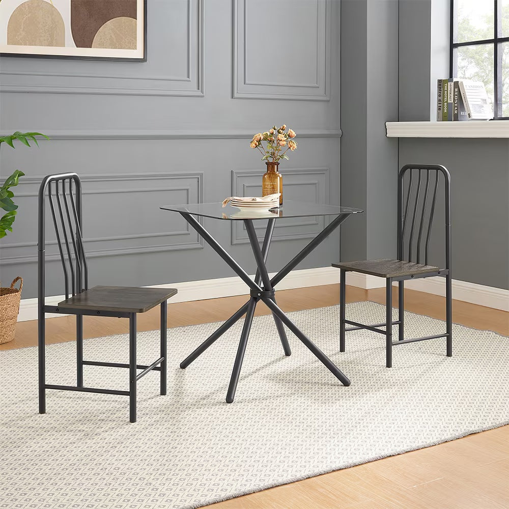 Dining Set For 2, Square Glass Tempered Dining Table With 4 Legs And 2 Metal Chair