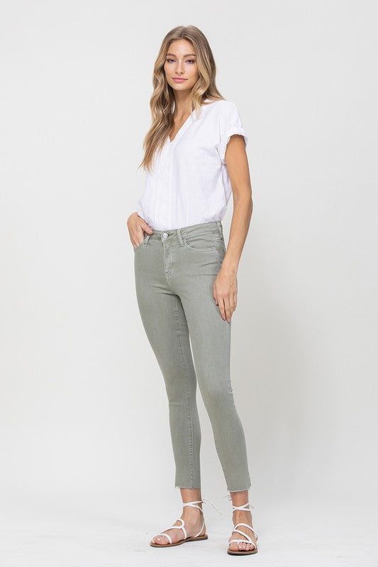 Jean taille mi-haute olive skinny avec ourlet effiloché