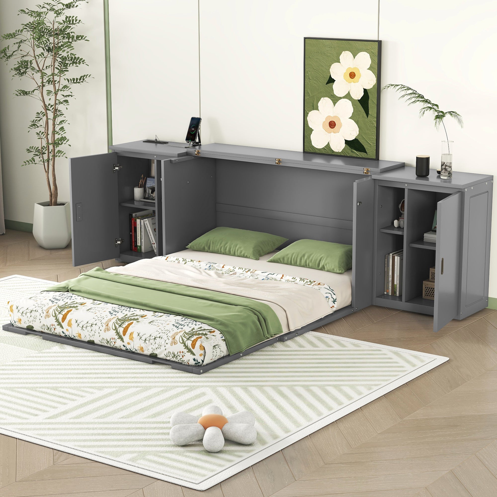 Queen Size Murphy Bed with Shelves, Cabinets and USB Ports,Gray