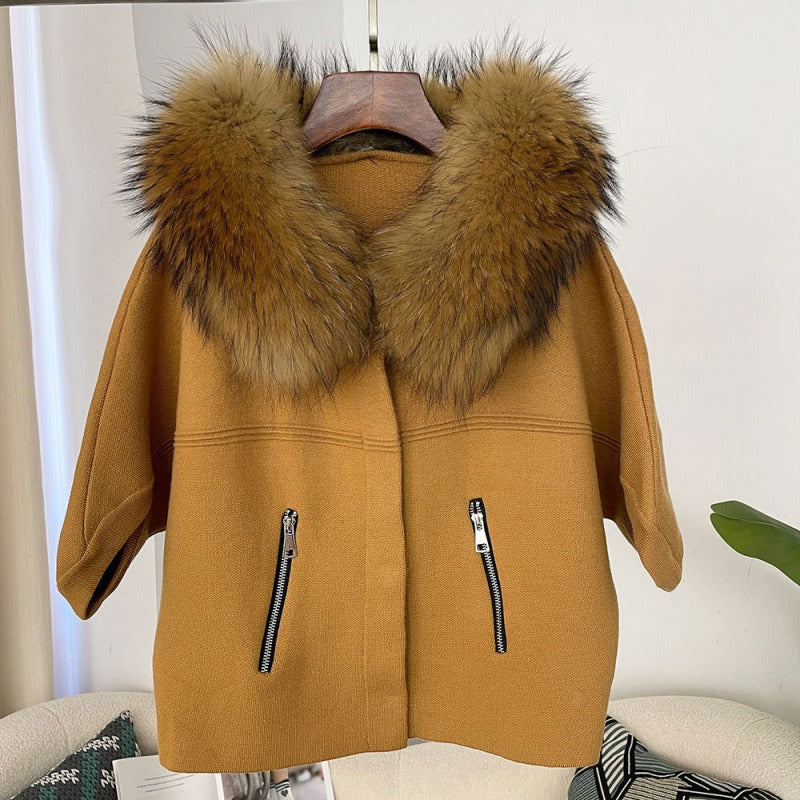 Pull en maille courte avec col en vraie fourrure de renard, veste cardigan à manches chauve-souris à la mode